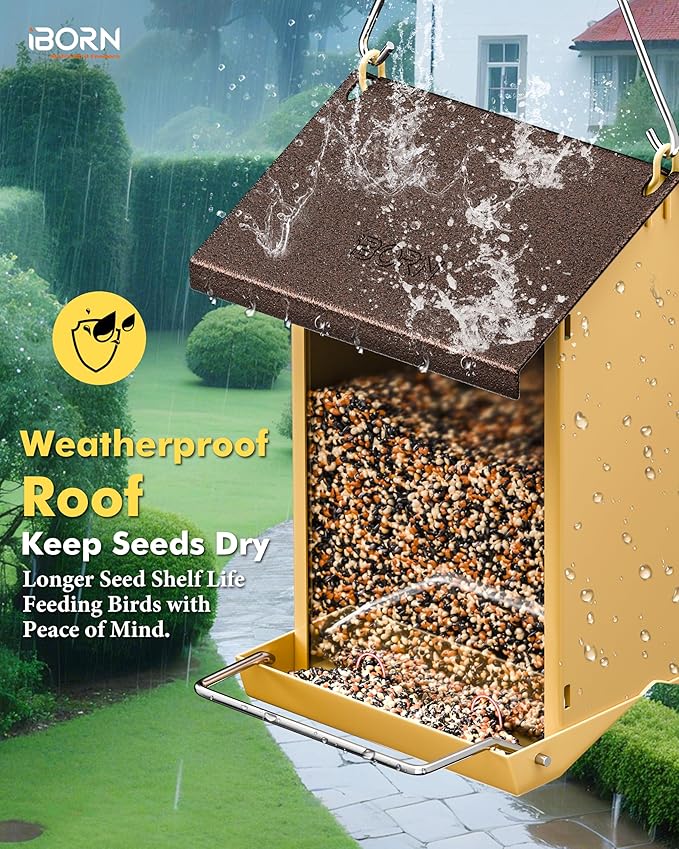 iBorn Bird Feeders for Outdoors,Bird House Feeder with Weatherproof Metal Roof & 8 Drain Holes,Fully Detachable Birdfeeder Design,Easy Clean & Refill,Chew-Proof PC Windows,1.5 Lbs Capacity,Coffee Roof-VerdiqueGarden