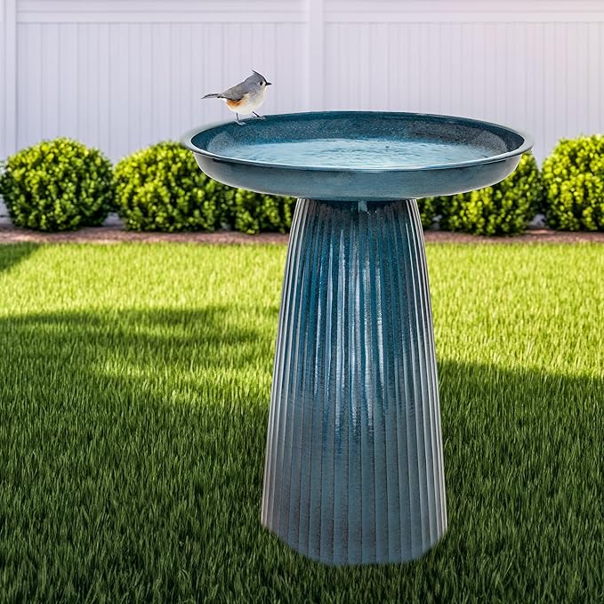 Sunnydaze Gleeful Garden Metal Bird Bath for Outdoors - Large Decorative Iron Birdbath - 23-Inch - Blue Glaze-VerdiqueGarden