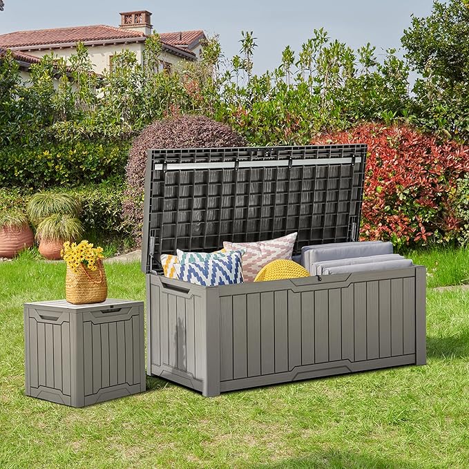 YITAHOME 120 Gallon Outdoor Storage Deck Box with Cushion, Large Resin Patio Storage for Outdoor Pillows, Garden Tools and Pool-Supplies, Waterproof, Lockable (Taupe)-VerdiqueGarden