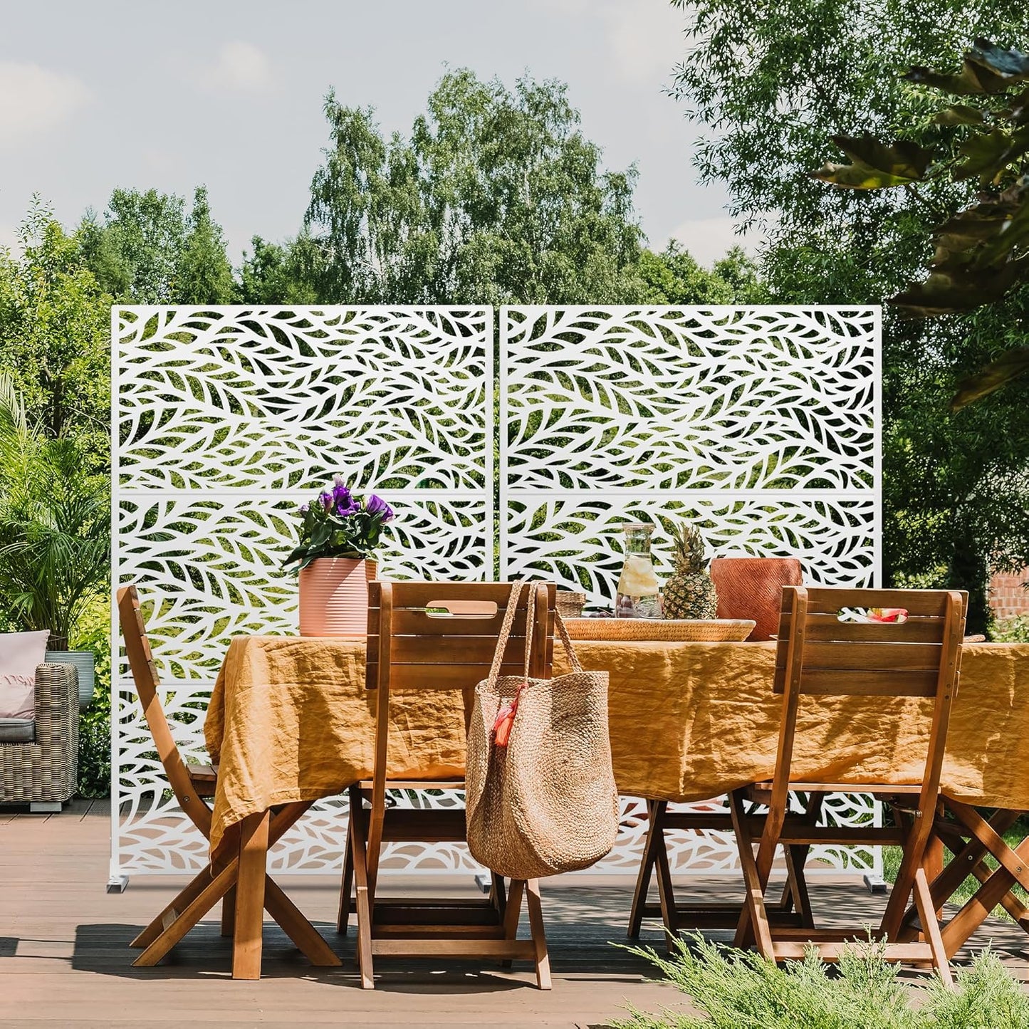 Metal Privacy Screen,72" H47 W,Freestanding Decorative Privacy Screen for Balcony Patio Lawn Garden,Privacy Fence Privacy Panel-White & Leaf-VerdiqueGarden