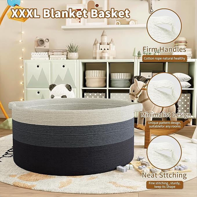 125L Extra Large Blanket Basket, 25" x 16", Jumbo Laundry Woven Basket Decorative Home, Cotton Rope Basket with Handles, Baby Toy Basket for Storage, Gradual Blue-VerdiqueGarden