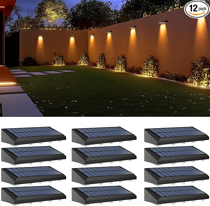 Solar Fence Lights Outdoor Waterproof IP65, 12 Pack Fence Lights Solar Powered 60 Lumens Auto On/Off Step Wall Lights Outside Decorations for Yard, Porch, Patio, Stairs, Pool, Deck, Garden- Warm Light-VerdiqueGarden