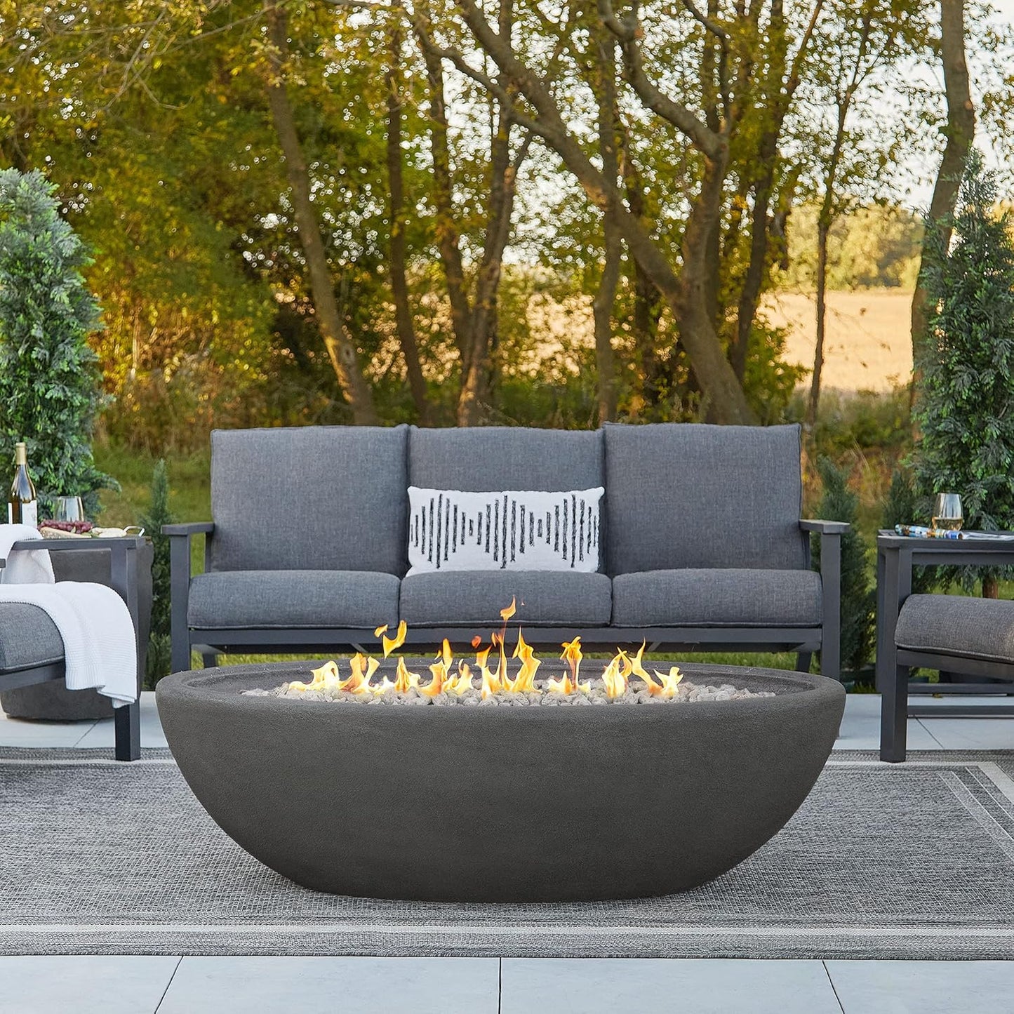 Real Flame Riverside 58" Oval Propane Fire Pit Bowl, Push-Button Ignition, Includes 28" Stainless Steel Burner, Lightweight 50,000 BTUs of Heat - Adjustable Flame Height-VerdiqueGarden
