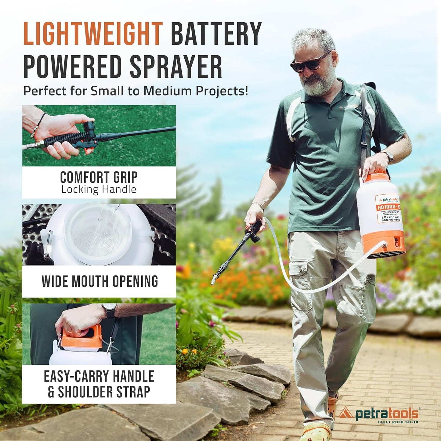 PetraTools Battery Powered Sprayer 1 Gallon - HD1000-S - Heavy Duty Electric Sprayers in Lawn and Garden for Weed/Pest Control, Watering & More - with 8 Nozzles & Strap (1 Gallon ProKit)-VerdiqueGarden
