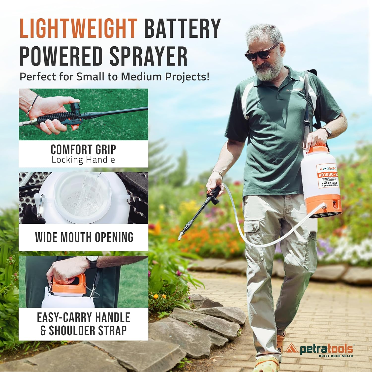 PetraTools Battery Powered Sprayer 1 Gallon - HD1000-S - Heavy Duty Electric Sprayers in Lawn and Garden for Weed/Pest Control, Watering & More - with 8 Nozzles & Strap (1 Gallon ProKit)-VerdiqueGarden