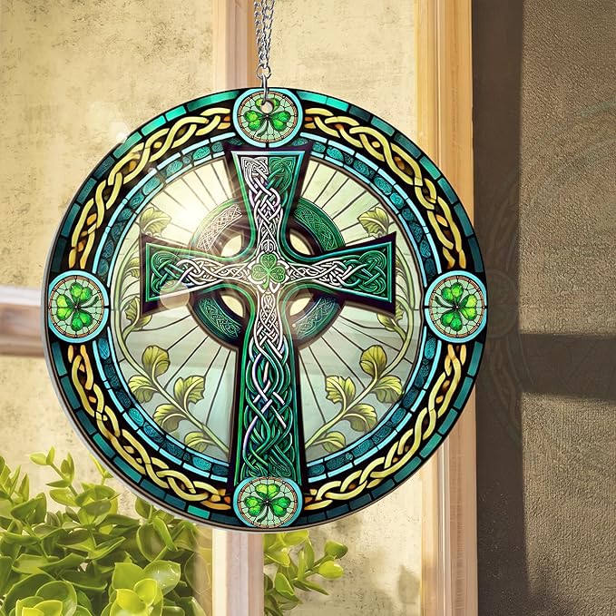 St Patricks Day Decorations - Irish Gifts for Men Women Friends Family, St Patricks Day Accessories, Celtic Cross Home Decor - Double Layered Hanging Suncatcher 12 in-VerdiqueGarden