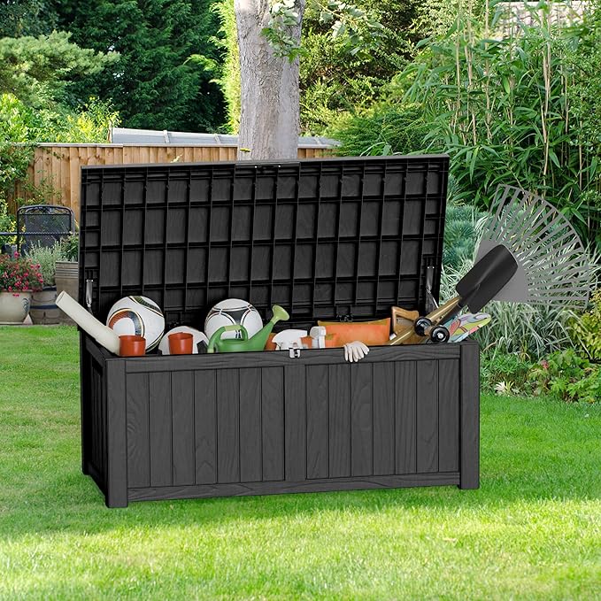 Extra-Large 150 Gallon Outdoor Chest Storage Waterproof - Outside Storage Box & Bench, Resin Deck Chest for Patio/Pool, Lockable UV-Resistant, Onyx Black-VerdiqueGarden