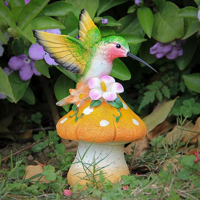 Hummingbird Stand on Mushroom for Garden Decorations,Hummingbird Statue for Outdoor Backyard Yard Porch Patio Lawn Outside Indoor Home Shelf Decor Accents,Bird Sculpture Figurine-VerdiqueGarden