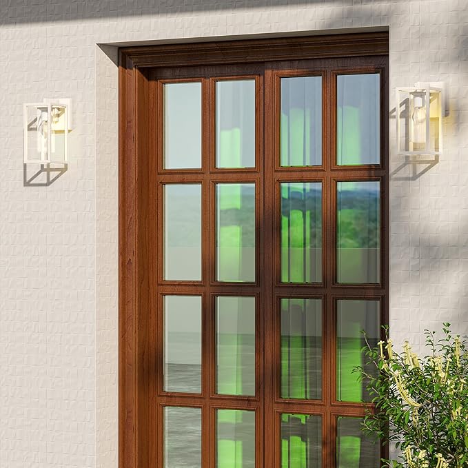 Pia Ricco Outdoor Wall Lights, Outdoor Wall Lantern with Circular Clear Glass Shade, Waterproof Exterior Lighting Fixtures, Modern Front Porch Lighting for House, Garage, E26 Base, ETL Listed, White-VerdiqueGarden