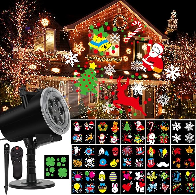 Holiday Projector Light, Syslux Halloween Christmas Projector Lights 16 HD Slides LED Waterproof Light Outdoor Indoor Light with Remote Control for Party Garden Halloween Xmas Holiday Landscape Decor-VerdiqueGarden