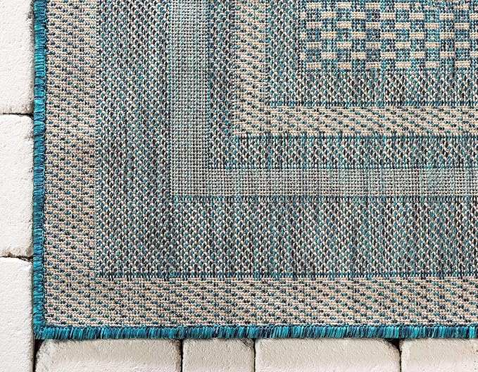 Unique Loom Outdoor Border Collection Area Rug - Soft Border (4' 1" x 6' 1" Rectangle, Teal/ Ivory)-VerdiqueGarden