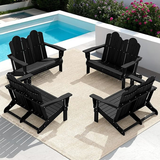 SERWALL 2 Person Adirondack Loveseat, HDPE All-Weather Folding Adirondack Bench Chair, Outdoor Adirondack Chair Set of 4, Black-VerdiqueGarden