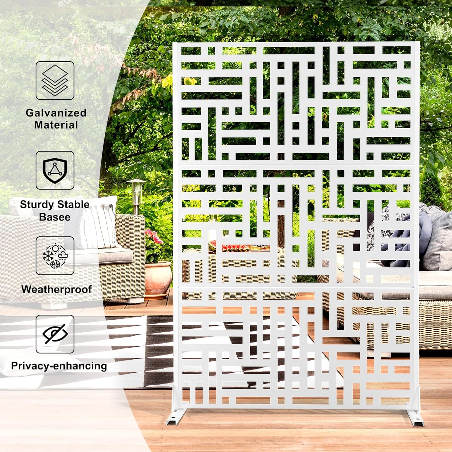 Metal Privacy Screen Outdoor 72" H×47" W,Freestanding Decorative Privacy Screen for Balcony Yard&Garden,Privacy Fence-White&Street-VerdiqueGarden