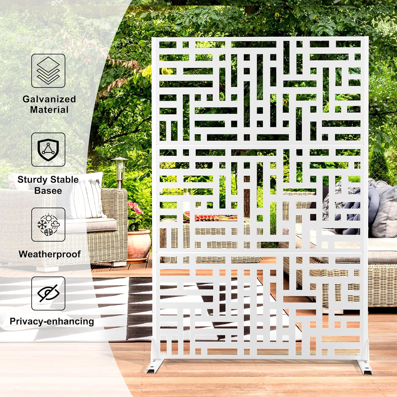 Metal Privacy Screen Outdoor 72" H×47" W,Freestanding Decorative Privacy Screen for Balcony Yard&Garden,Privacy Fence-White&Street-VerdiqueGarden