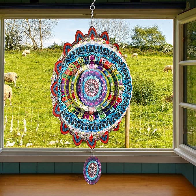 TUOKING Mandala Wind Spinners Outdoor Metal 3D Hanging Art Wind Spinner 12 Inch Stainless Steel for Yard and Garden Decoration Worth Gift for Women-VerdiqueGarden
