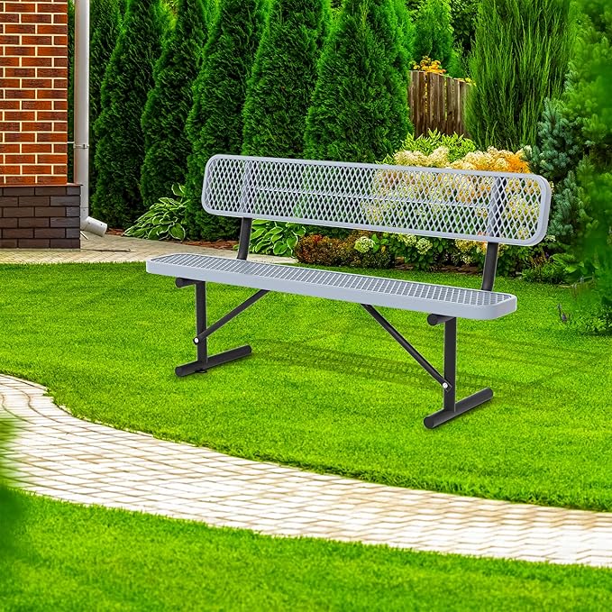 4/6/8 Feet Park Bench for Outside Heavy Duty Metal, Garden Benches Outdoor Bench with Backrest & Portable Frame, for Shopping Malls Stores Parks Patios Decks, Grey-VerdiqueGarden