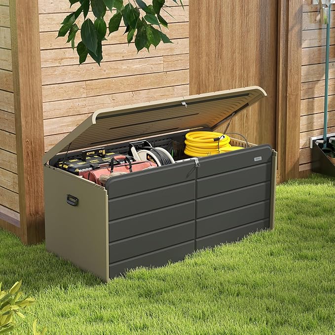 Domi 160 Gallon Resin Deck Box, Waterproof & UV-Resistant Outdoor Large Storage Box Lockable Storage Bin for Patio Cushions Pool Supplies Garden Tools and Delivery Storage-VerdiqueGarden