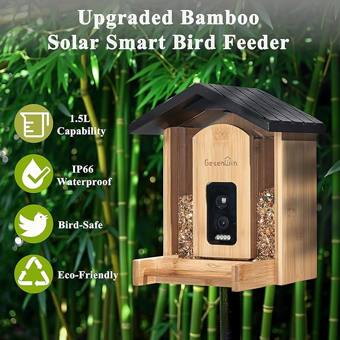 Smart Bird Feeder with Camera for Wild Birds - Identifies 11,000+ Species, Solar Panel Wireless Outdoors Bamboo Birdhouse with Cam, 2K HD Live Video & Instant Alerts - Bird Lover Gifts-VerdiqueGarden