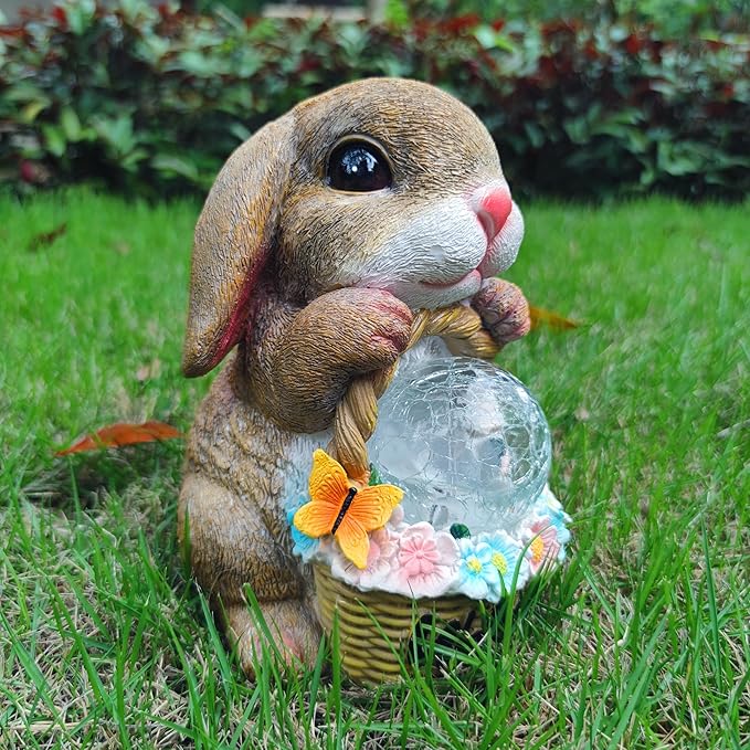 Solar Rabbit Garden Outdoor Statues,Resin Rabbit Figurine Carrying Flower Basket and Magic Orb with Solar LED Lights, Lawn Decor Outdoor Statue for Patio, Balcony, Yard Ornament-VerdiqueGarden