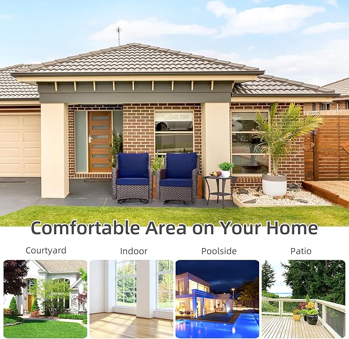 Towallmark Outdoor Swivel Wicker Glider Patio Chairs with Table Set, 3 Pieces Outdoor Bistro Set with 4”Thick Cushions and Coffee Table for Porch, Balcony, Deck (Blue)-VerdiqueGarden