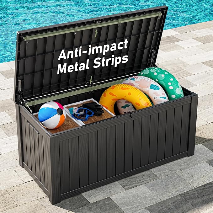 NUNU LAB Outdoor Storage Box,120 Gallon Deck Box,Resin Waterproof Outside Storage Bench,Outdoor Storage Cabinet With Lockable Lid,Backyard Deck Box For Garden Tools,Patio Cushions,Pool Accessories-VerdiqueGarden