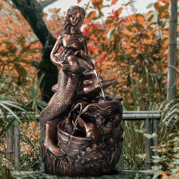 TERESA'S COLLECTIONS Mermaid Water Fountains Outdoor with LED Light Auto Slient Pump, Large Water Features for Yards Patio Garden Balcony Porch, Mermaid Garden Gifts for Mom, 21"-VerdiqueGarden