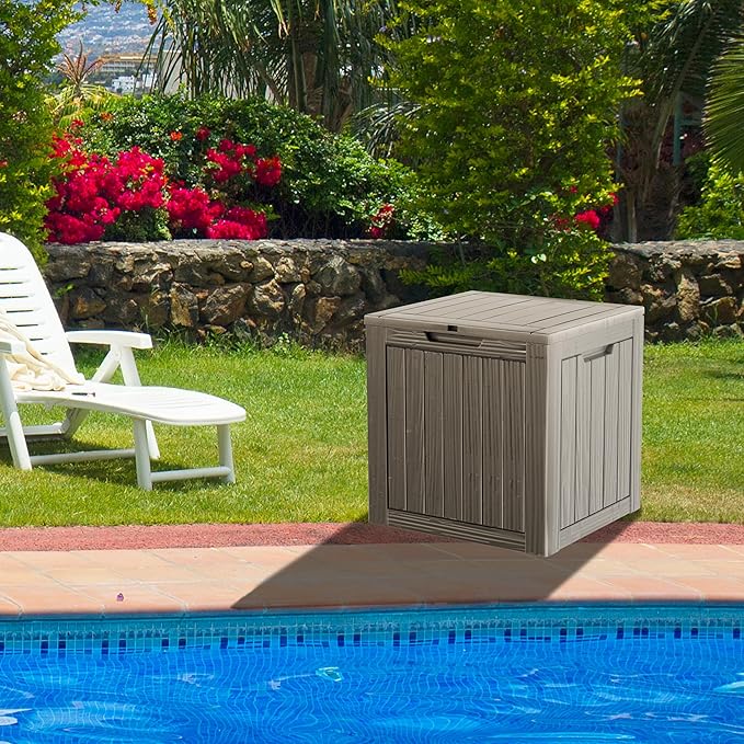 35 Gallon Resin Deck Box, Waterproof Outdoor Storage Bin for Patio, Poolside, and Garden, Lockable & UV-Resistant,Grey-VerdiqueGarden