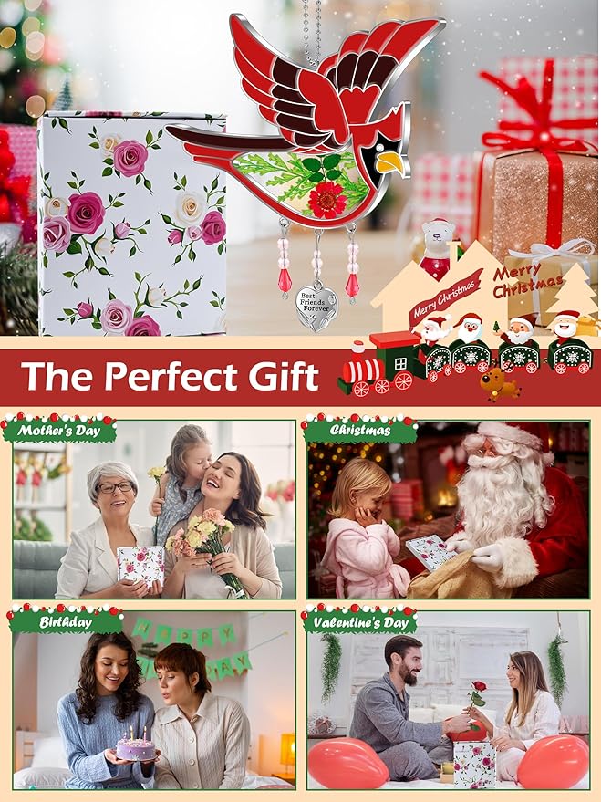 KY&BOSAM Best Friend Forever Cardinal Suncatcher Gifts for Friend Hand-Painted Garden Ornament Hanging Wind Chime with Pressed Flower Cardinal Embedded in Glass Mother`s Day Birthday Christmas-VerdiqueGarden