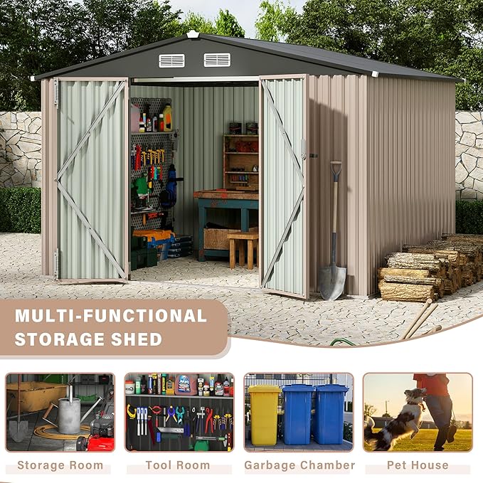 8x10 FT Metal Storage Sheds Outdoor, Metal Yard Sheds Garden Shed Kit, Tool Shed with Lockable Door, Utility Sheds Buildings with Air Vent for Backyard Garden Patio Lawn-VerdiqueGarden