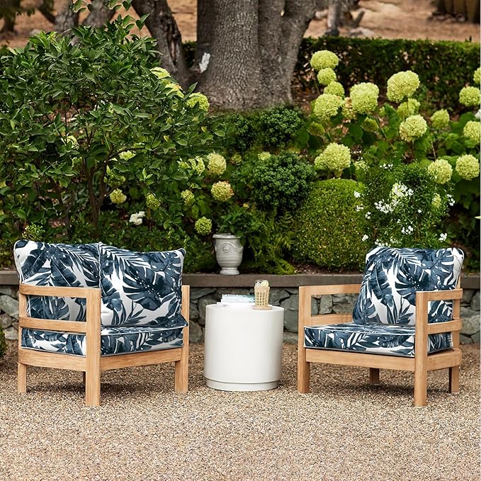 LVTXIII Outdoor Deep Seat Cushion Patio Seat and Back Cushion Set Seasonal Chair Cushion with Removable Cover and Adjustable Buckle for Home and Garden, 22"x22"x4", Palms Blue-VerdiqueGarden