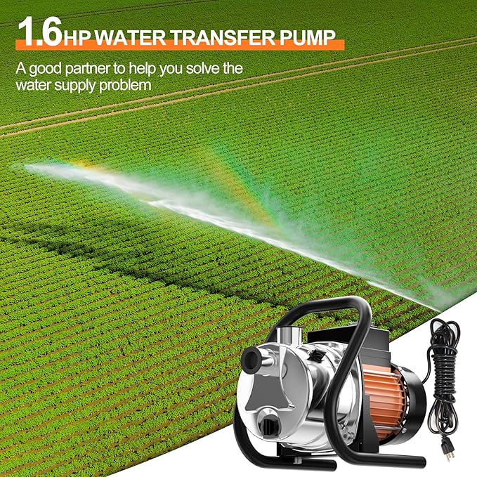 1.6 HP Portable Water Transfer Pump 1800 GPH Shallow Well Pump Garden Booster Sprinkler Pumps for Irrigation Lawn Farm Water Removal with Adapters, Orange-VerdiqueGarden