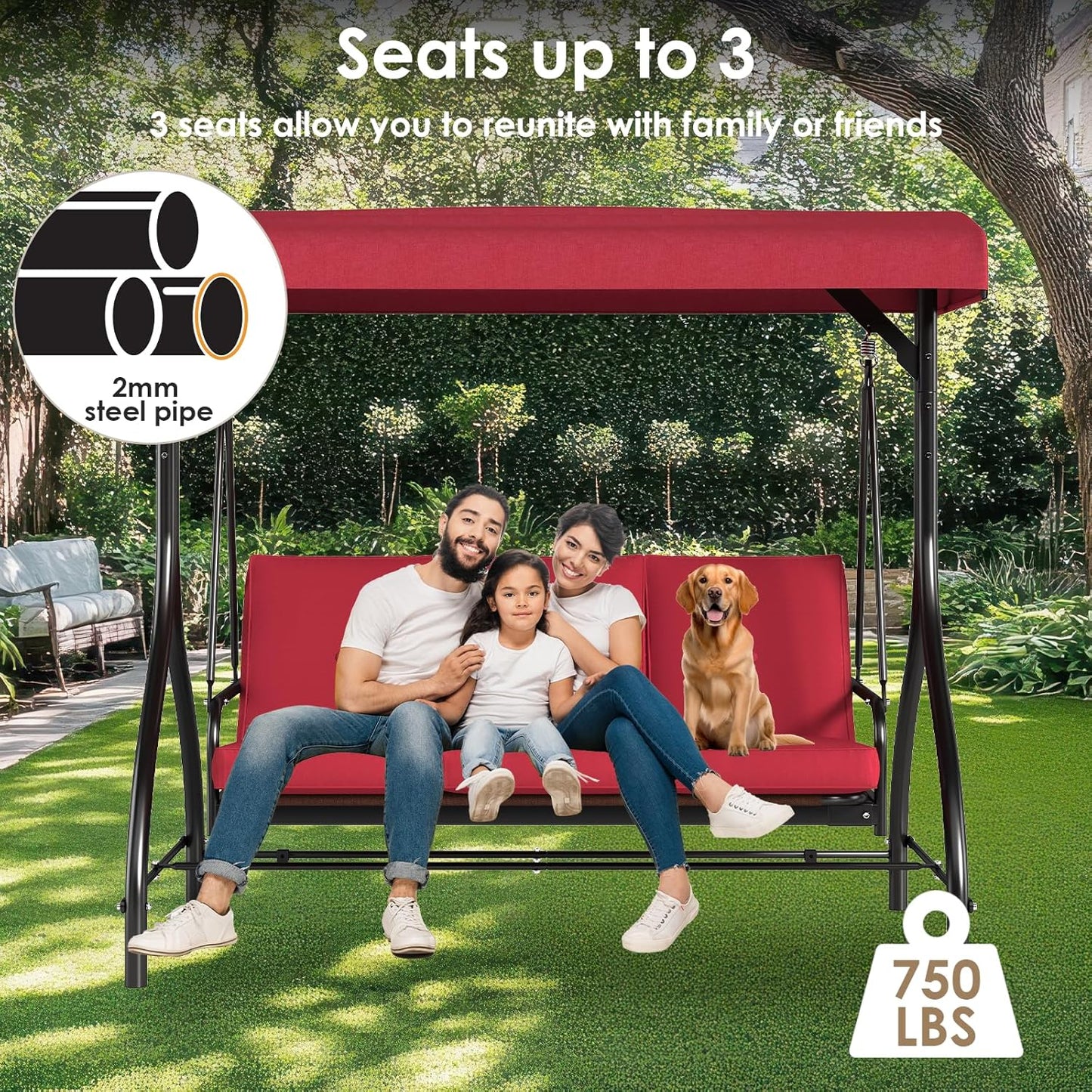 TLSUNNY 3-Seat Outdoor Patio Porch Swing with Adjustable Canopy & Backrest, Convertible Glider Bed with Stand, Removable Seat Cushion, 45° Tilt Adjustment for Backyard, Poolside, Balcony - 750LBS-VerdiqueGarden