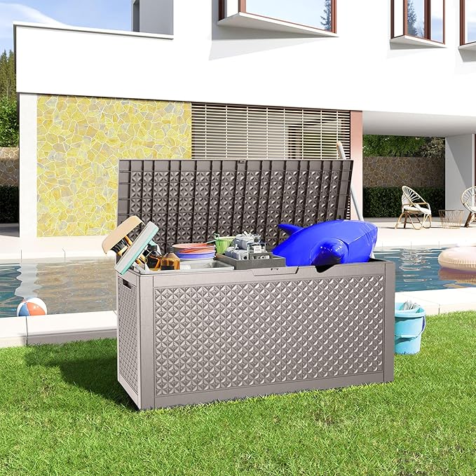 100 Gallon Outdoor Storage Box - Deck Box Waterproof Patio Furniture, Garden Tools, Cushions, Pool Accessories Outside Storage Resin Box-VerdiqueGarden