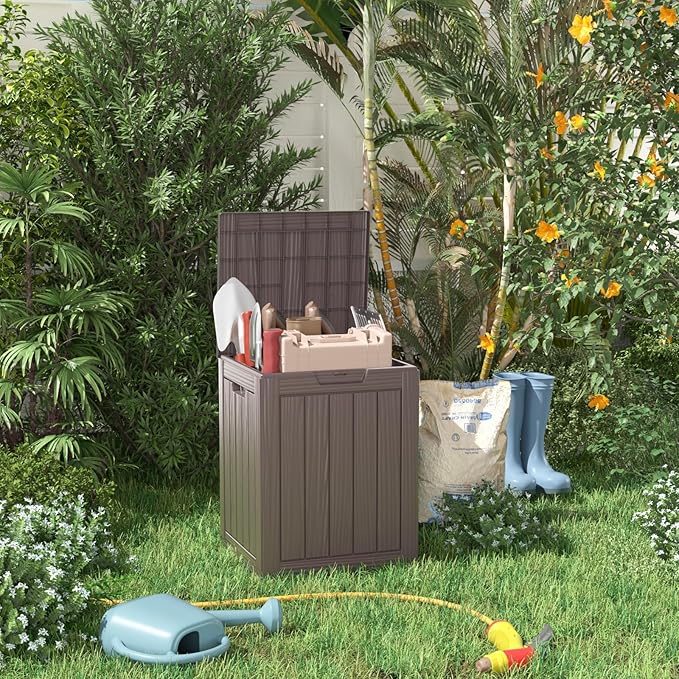 28 Gallon Resin Deck Box, Lockable Outdoor Storage Box for Patio Cushions Storage Furniture,Garden Tools, Pool Supplies, Weatherproof and UV Resistant (Grey)-VerdiqueGarden