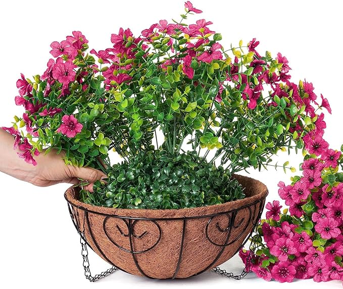Artificial Fake Hanging Plants Flowers Basket for Outdoor Outside Porch Summer Decoration, Faux Silk Hotpink Dasiy UV Resistant Realistic in Planter for Home Patio Garden Yard-VerdiqueGarden