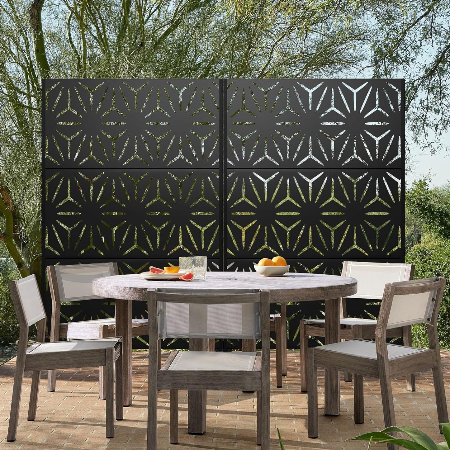 Metal Privacy Screen Outdoor 72" H×47" W, Freestanding Decorative Privacy Screen for Balcony Yard&Garden, Privacy Fence-Black&Star-VerdiqueGarden