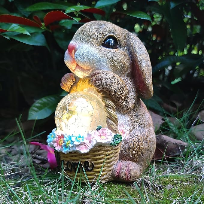 Solar Rabbit Garden Outdoor Statues,Resin Rabbit Figurine Carrying Flower Basket and Magic Orb with Solar LED Lights, Lawn Decor Outdoor Statue for Patio, Balcony, Yard Ornament-VerdiqueGarden