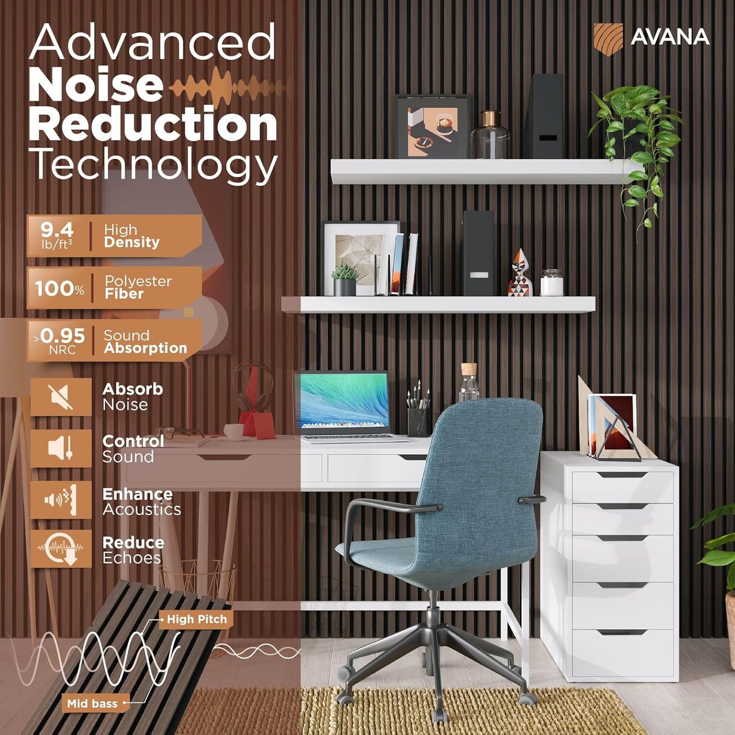 Avana Modern Acoustic Wood Wall Panels – 94.4x12.6 Inch Dark Walnut Acoustic Panels 1 PC – Wall Panels For Interior Wall Decor For Homes, Offices, Studios – Sturdy And Durable Wood Panels For Wall-VerdiqueGarden