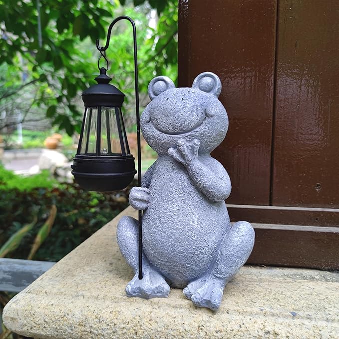 Frog Solar Garden Statues,Resin Frog Figurine Decorations with Solar Lights Lantern, Outdoor Frog Garden Decor Art for Lawn,Yard, Unique Housewarming Gift for Garden Home-VerdiqueGarden
