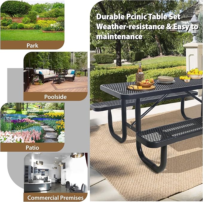 4FT Metal Picnic Tables for Outdoors, Commercial Rectangular Picnic Table and Bench Set for Outside, Patio, Garden, Backyard, Porch, Surface Mount, Black-VerdiqueGarden