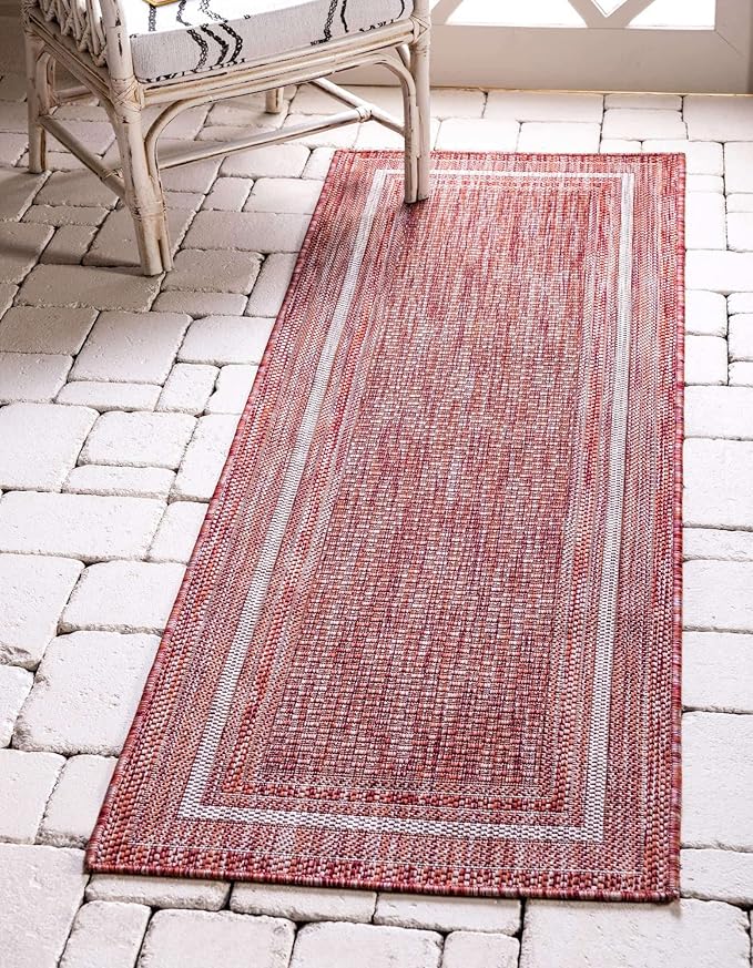 Unique Loom Outdoor Border Collection Area Rug - Soft Border (2' x 8' Runner, Rust Red/ Ivory)-VerdiqueGarden