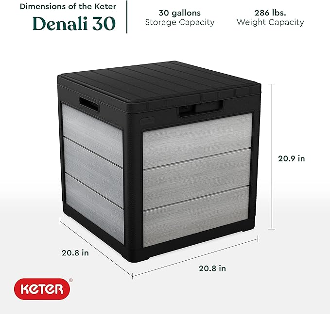 Keter Denali 30 Gallon Resin Outdoor Storage Box and Patio Furniture Side Table for Pool and Garden Accessories, Grey & Black-VerdiqueGarden