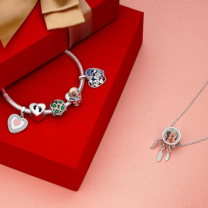 Annmors Personalized Photo Charm for Bracelet Necklaces,925 Sterling Silver Charm Love Heart Shaped Engraved Customize Picture Gift for Birthday Mother's Day Christmas,Bead Charms Jewelry for Women