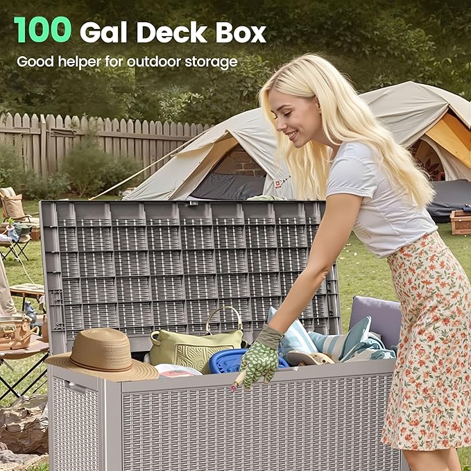 100 Gallon Storage Box, Waterproof Resin Deck Box with Hydraulic Piston Design, Lockable Storage Bench for Package Delivery, Storage Bin for Patio Cushions, Garden Tools, Grey-VerdiqueGarden