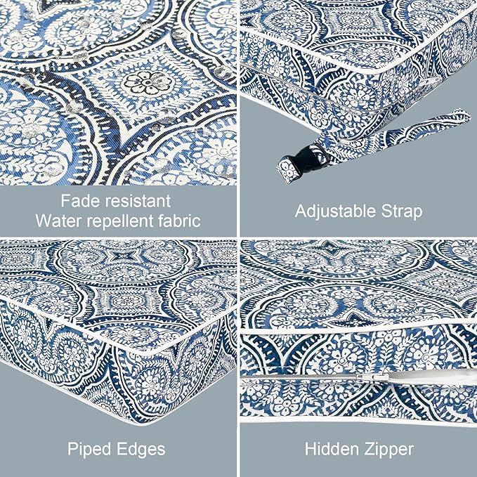 LVTXIII Patio Chair Cushions 22"x22"x3", Water-Repellent Outdoor Seat Cushions for Patio Furniture, Square Chair Pads with Ties for Home Garden Decoration, Set of 2, Medallion Blue-VerdiqueGarden