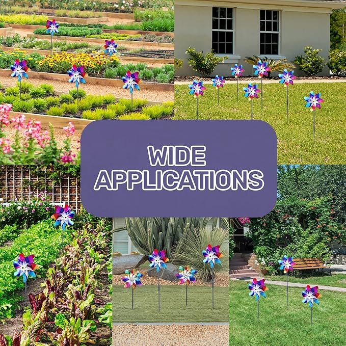 BATTIFE 10 Pack Sparkly Rainbow Pinwheels, Reflective Wind Spinner for Yard and Garden with Stakes, Decor Windmill to Scare Birds Away for Lawn and Patio-VerdiqueGarden