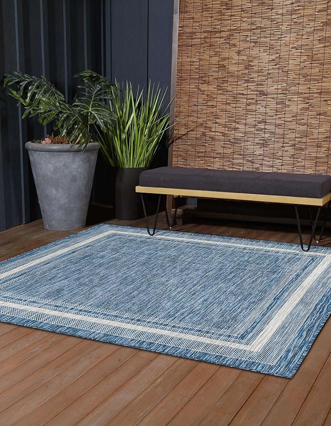 Unique Loom Outdoor Border Collection Area Rug - Soft Border (10' Square Blue/Ivory)-VerdiqueGarden
