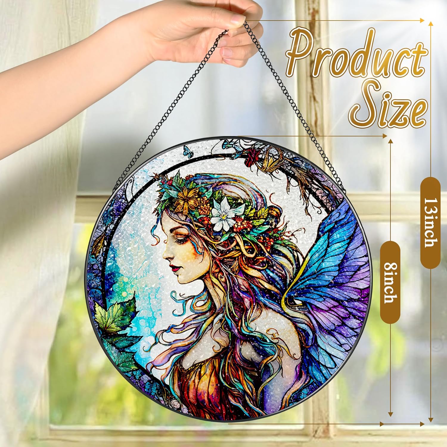 Stained Glass Window Hanging, LAOWEIKI 8'' Fairy Suncatcher, Stained Glass Ornament, Suncatchers for Windows Hanging, Window Decor, Outdoor or Indoor, Gifts for Women, Bestie, Friends-VerdiqueGarden