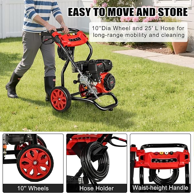 Gas Pressure Washer, 3950 PSI and 2.6 GPM, 7HP Engine with Copper Pump, 25FT Hose and Foam Cannon, 4 Nozzles, for Cars, Driveways, Fences-VerdiqueGarden