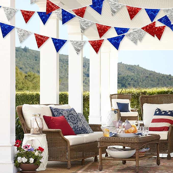 pinkblume Red Blue Silver Decorations Double Sided Sequin Fabric Triangle Pennant Banner Flag Bunting Garland for Nursery Classroom Home Bedroom Wall 4th of July American Veterans USA Holiday Decor-VerdiqueGarden